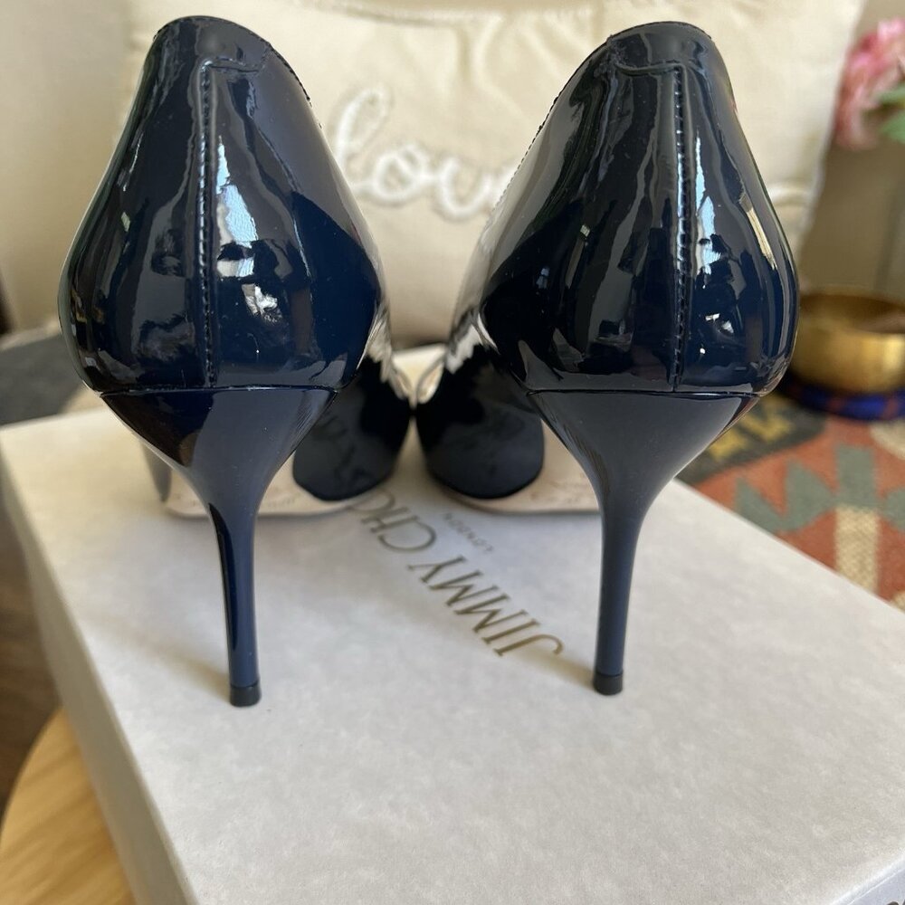 Jimmy Choo MEI Navy Patent Leather Almond Toe Pump Heels - Picture 10 of 15